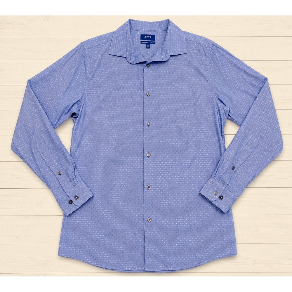 Apt.9 Dress Shirt Slim Fit No Iron Blue Dobby Polka Dot Cotton Blend M 34/35